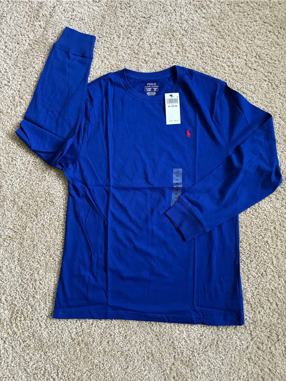 Polo by Ralph Lauren Kids Long-Sleeve Tee - Blue with Red Pony, size XL